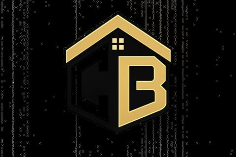 Gold and black house logo with letter B, hexagonal shape, small window detail
